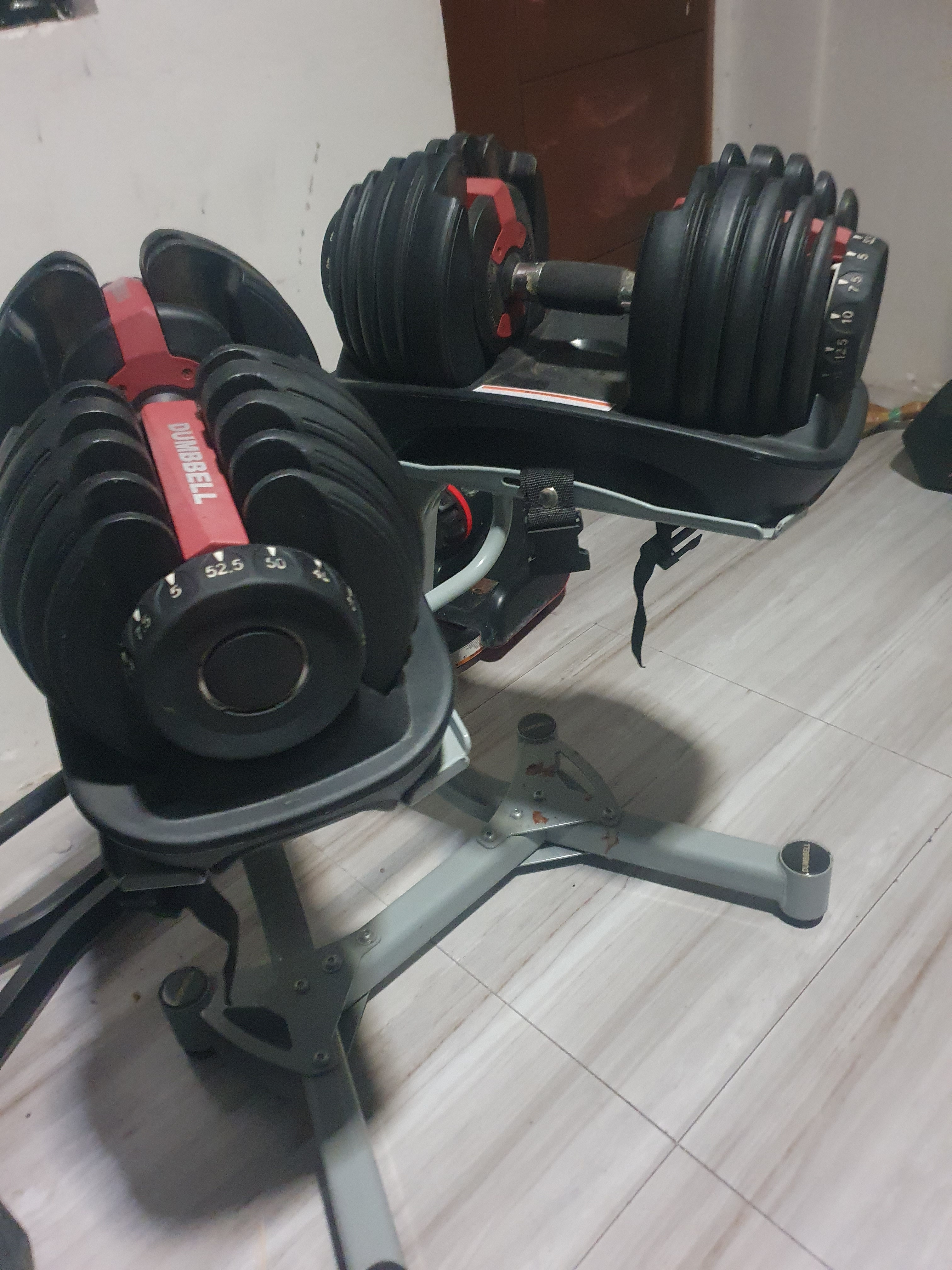SELL RUSH ADJUSTABLE BOWFLEX DUMBELL W RACK 52.5 LBS PAIR TOTAL OF 105LBS PM MUR photo 3