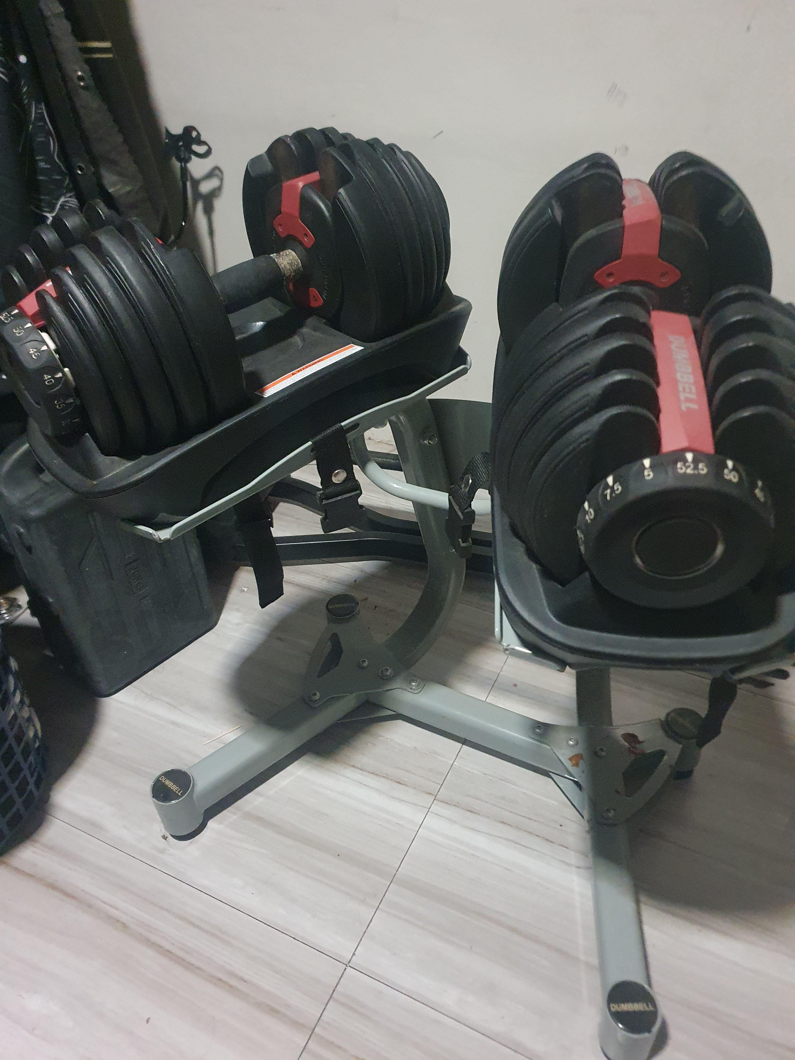 SELL RUSH ADJUSTABLE BOWFLEX DUMBELL W RACK 52.5 LBS PAIR TOTAL OF 105LBS PM MUR