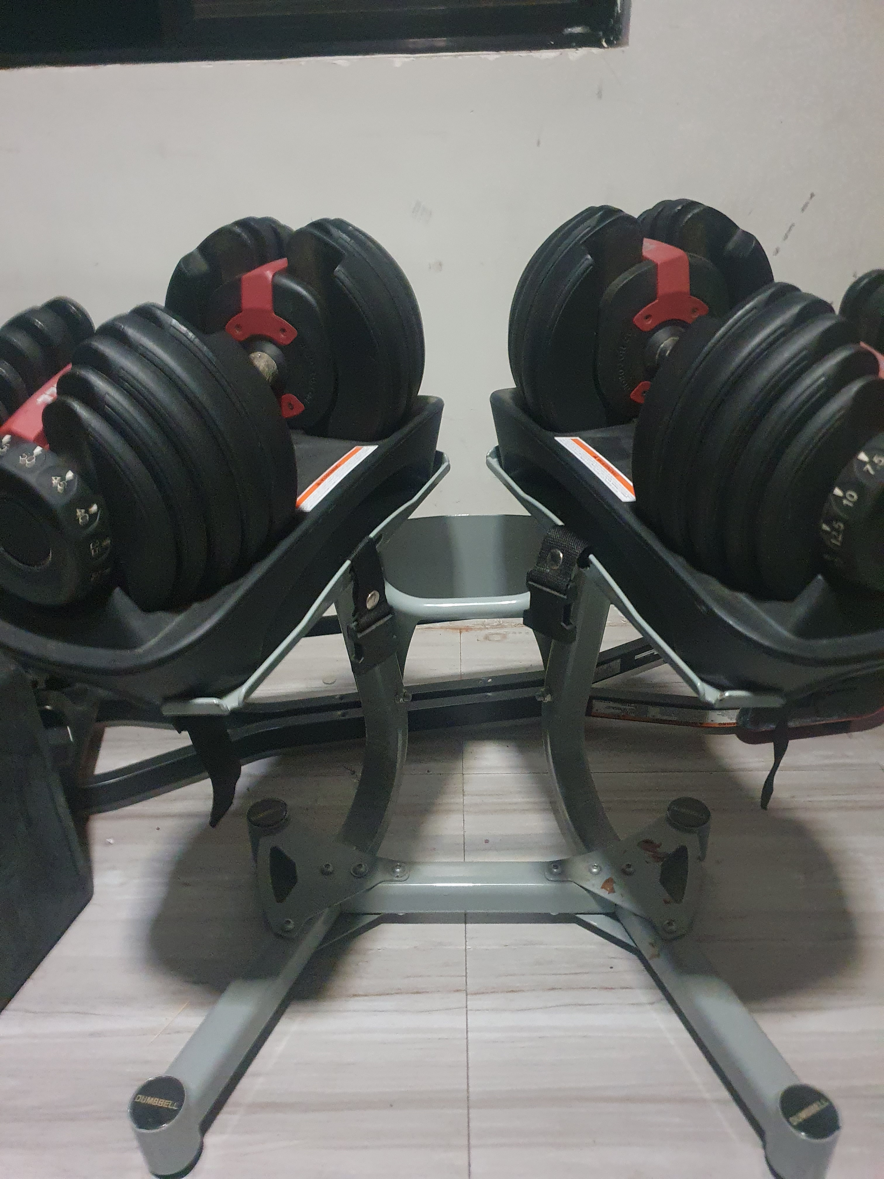 SELL RUSH ADJUSTABLE BOWFLEX DUMBELL W RACK 52.5 LBS PAIR TOTAL OF 105LBS PM MUR photo 2